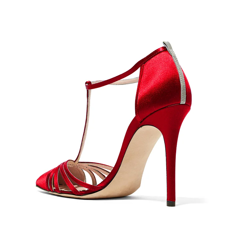 Red Satin T Strap Sandals Stiletto Heels Closed Toe Sandals |FSJ Shoes