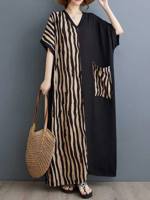 Image of Striped Split-Joint Pockets Contrast Color Loose Half Sleeves V-Neck Maxi Dresses