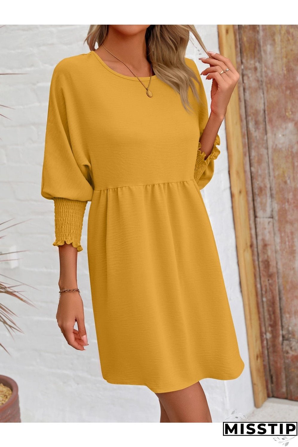 Round Neck Lantern Sleeve Mini Dress