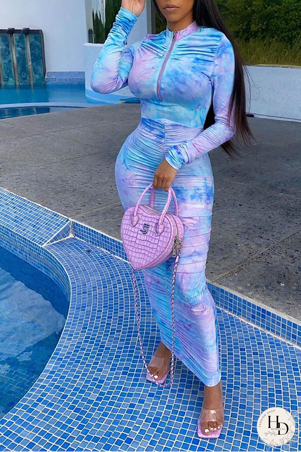 Blue Sexy Long Sleeves O neck Step Skirt Ankle-Length Print Tie and dye asymmetrical chain Dresses
