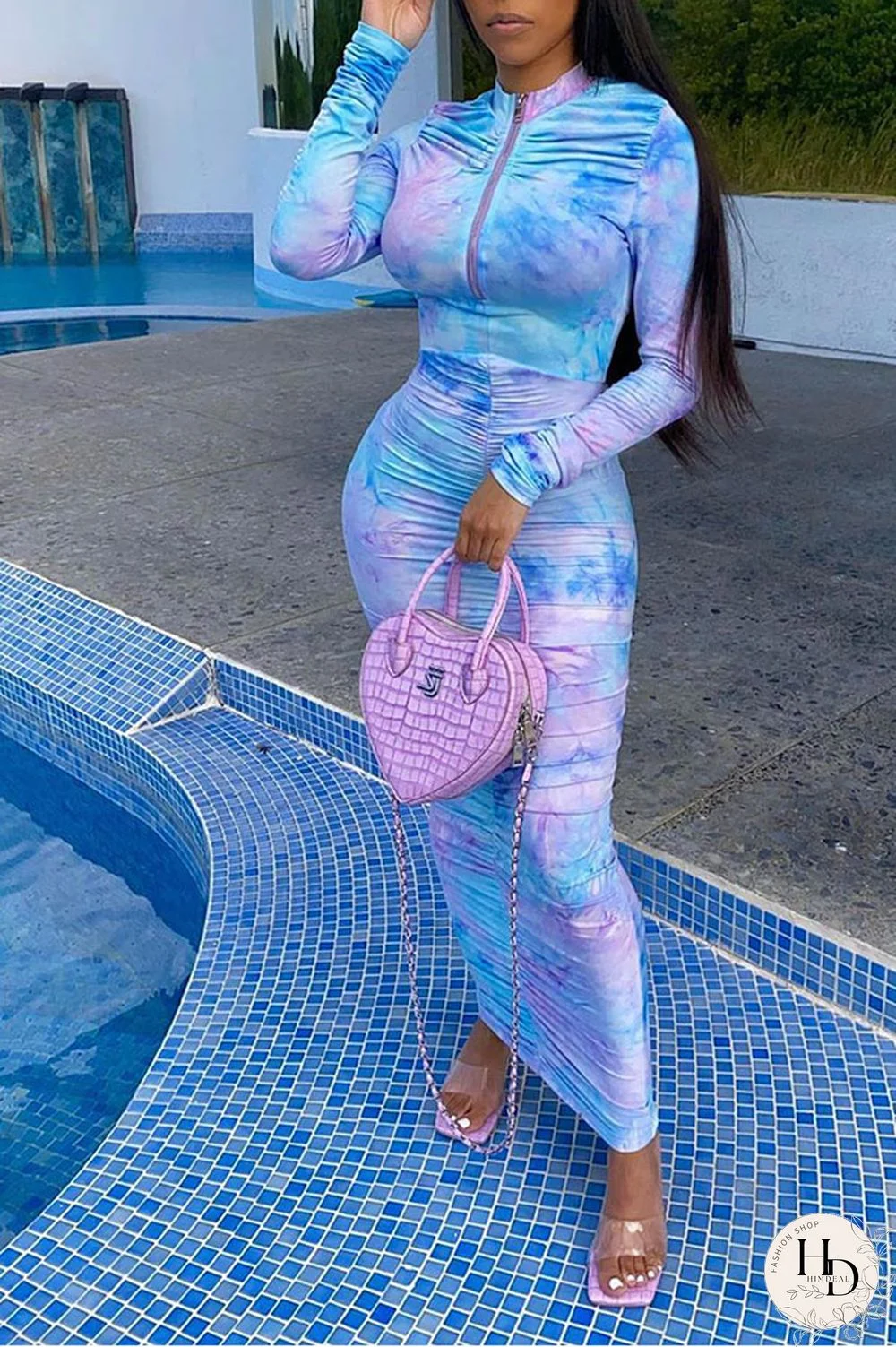 Blue Sexy Long Sleeves O neck Step Skirt Ankle-Length Print Tie and dye asymmetrical chain Dresses