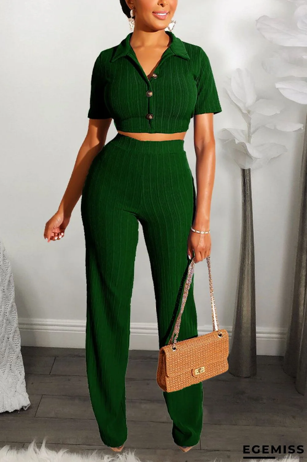 Dark green Casual Solid Straight Short Sleeve Two-piece Pants Set | EGEMISS