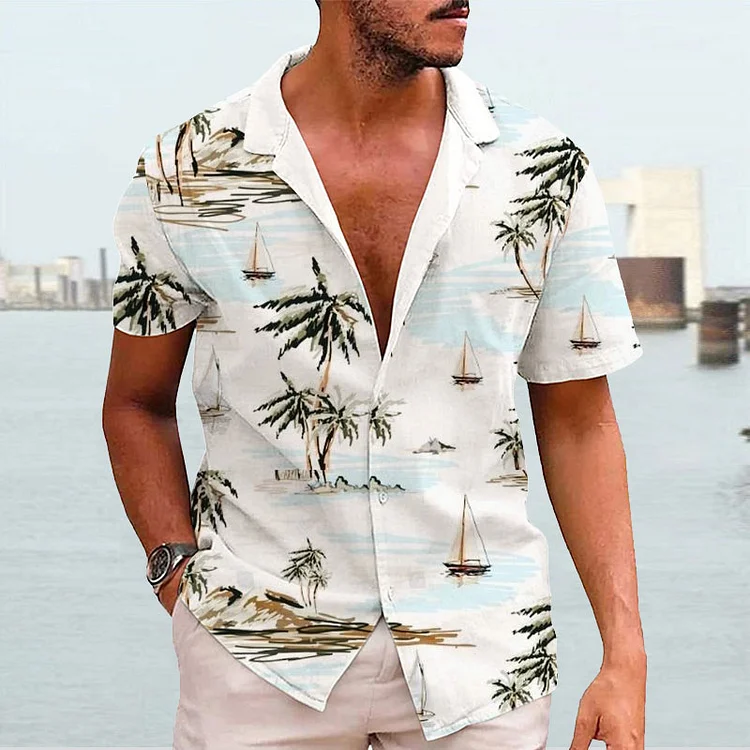 Men'S Casual Loose Coconut Tree Print Short-Sleeved Shirt socialshop