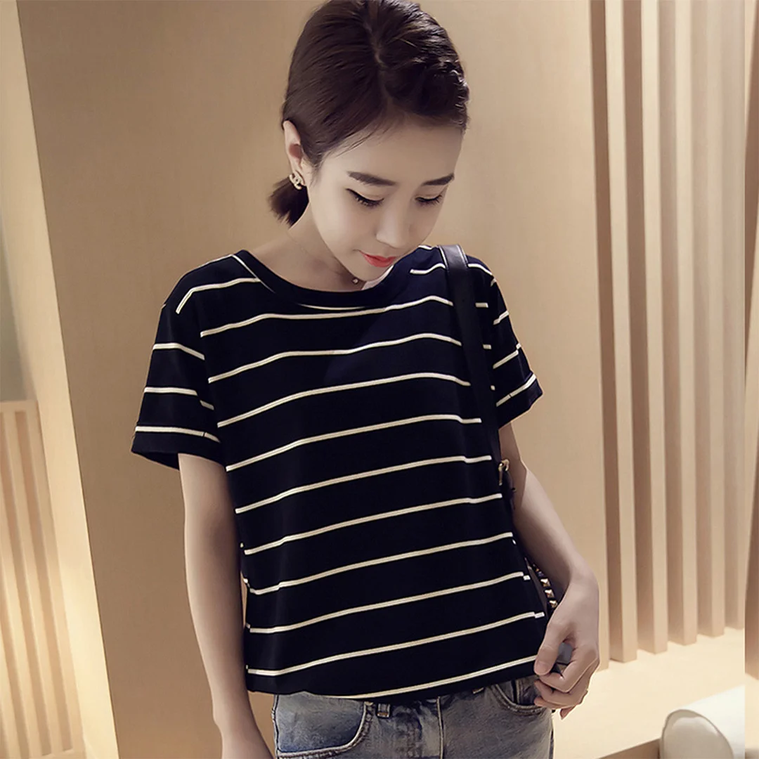 Brownm Brownm New Summer 2024 Korean Version Loose Large-Size Striped Short-Sleeved T-Shirt Women's Top Bottom Shirt Women's Clothing