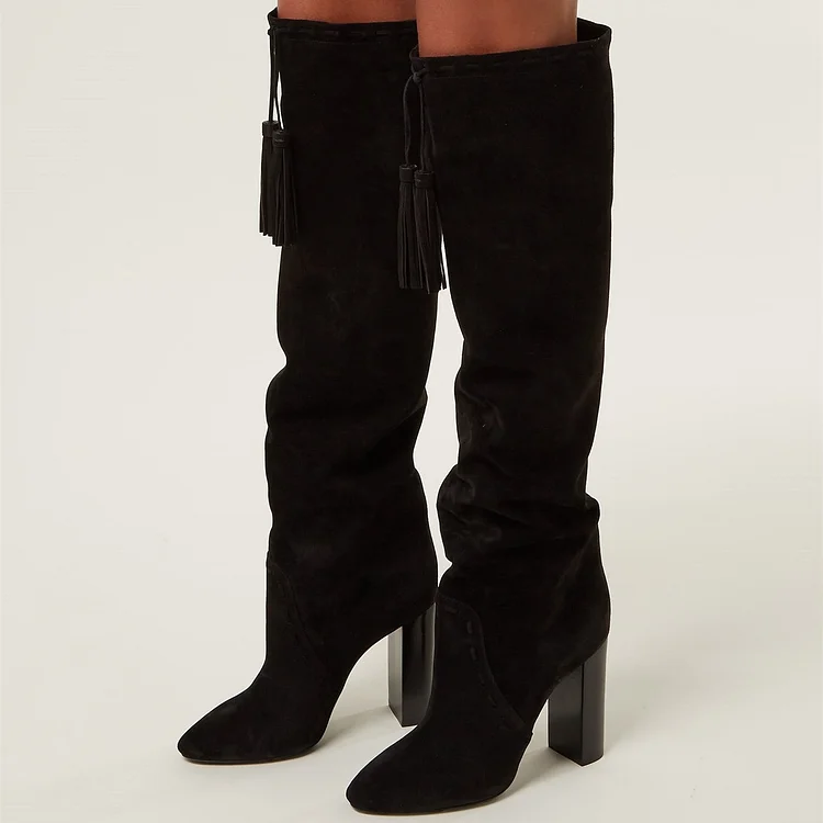 Black Chunky Heel Boots Vegan Suede Fringe Knee-high Boots |FSJ Shoes