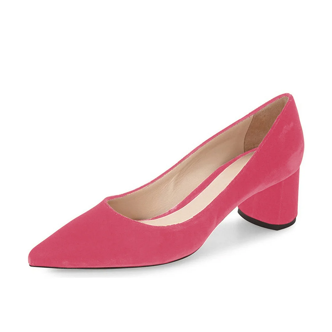 Fashionable Fuchsia Velvet Pointed Toe Pumps with Chunky Heel