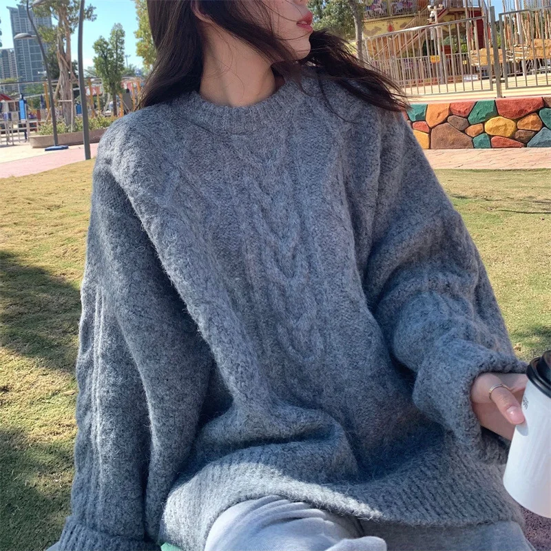 Toloer Toloer Winter Korean Version Loose Joker Knit Sweater Coat Tide Languid Lazy Wind Student Restore Ancient Ways Mahua Pure Color Add Thick Sweater Female-Outfit Ideas