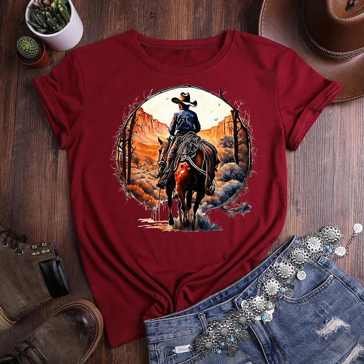 western cowboy horse Round Neck T-shirt-0020691