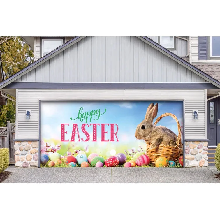 Blue and Pink Rabbit Easter Single Car Garage Door Banner