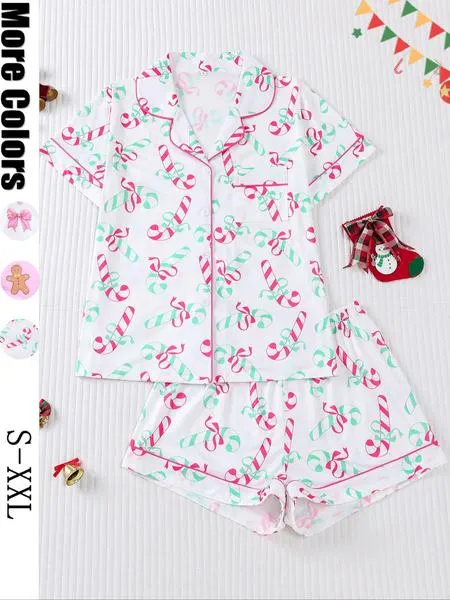 【christmas】Women's Christmas Pajama Set, Santa Cookie Print, Short Sleeve Button-up Top & Elastic Shorts, Casual All-season Sleepwear, Christmas Pyjamas, Loungewear