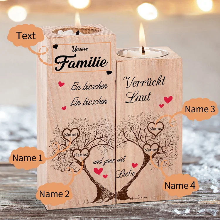 Personalisierte 4 Namen & 1 Text Familienbaum Kerzenhalter- Familie... etwas verrückt, etwas laut & ganz viel Liebe