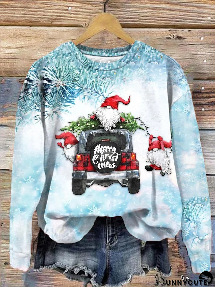 Women's Christmas Truck Gnome Print Long Sleeve Top