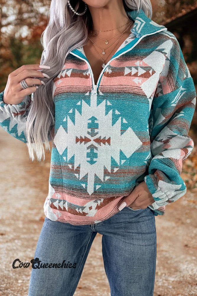 Vintage Aztec Print Half Zip Pullover Blue / L