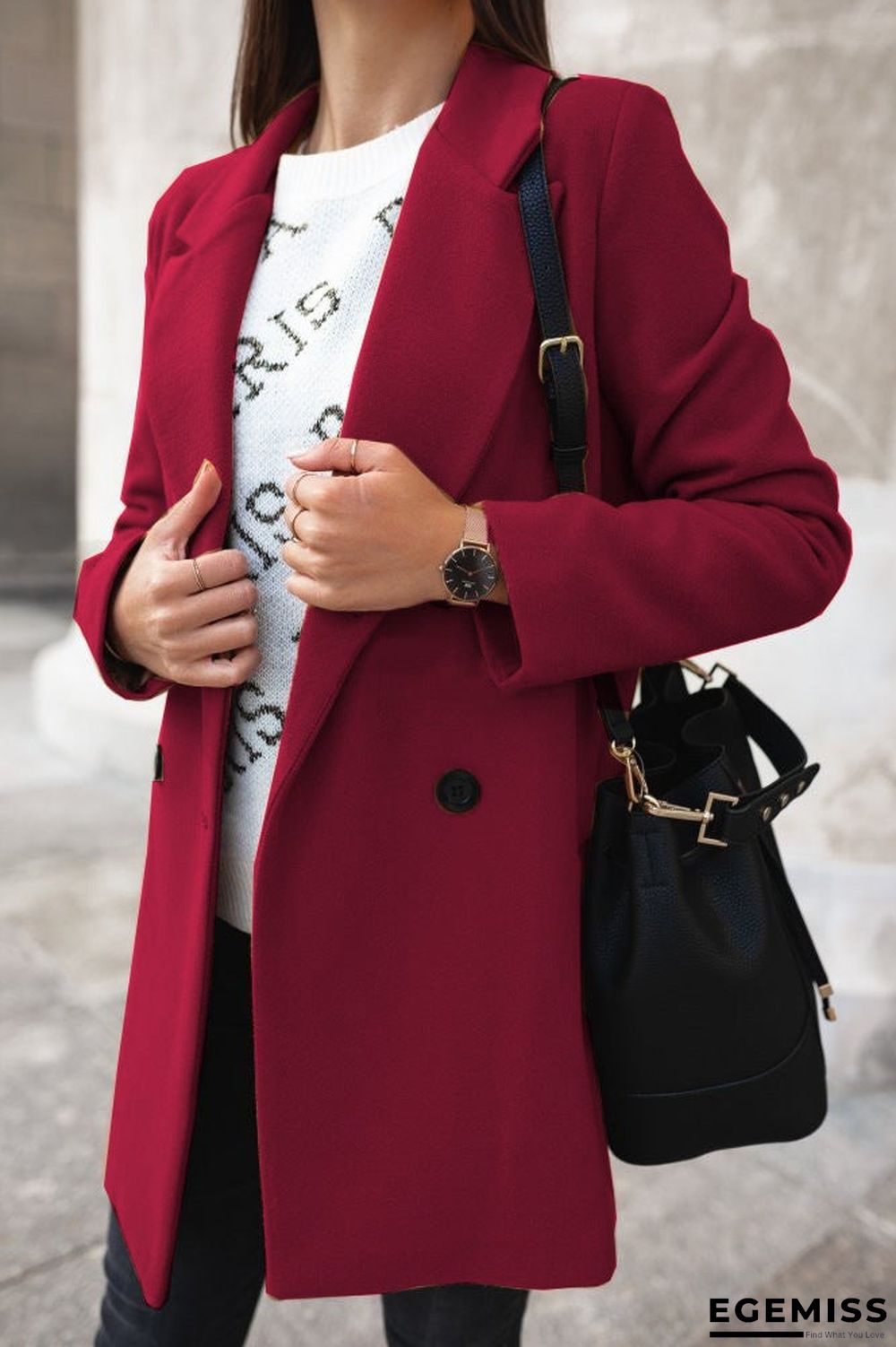 Autumn and Winter Solid Color Long Sleeve Double-row Button Suit Collar Woolen Coat Women | EGEMISS