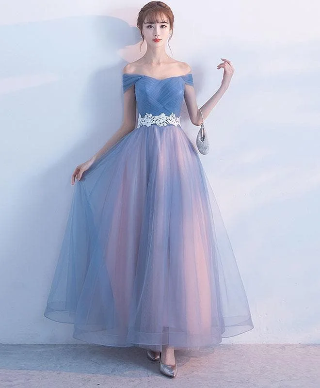 Gray Blue Tulle Long Prom Dress, Gray Tulle Bridesmaid Dress