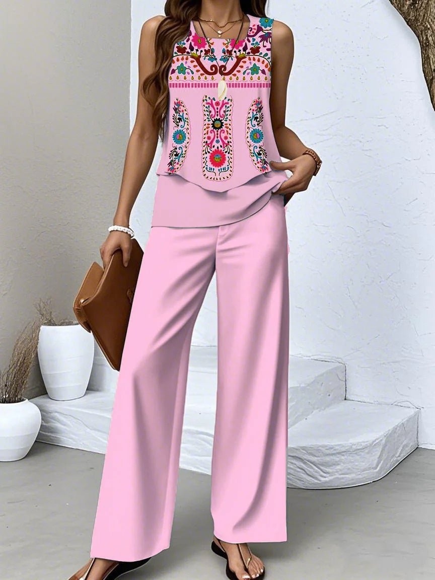 Women's Sleeveless Square Collar Graphic Printed Casual Set