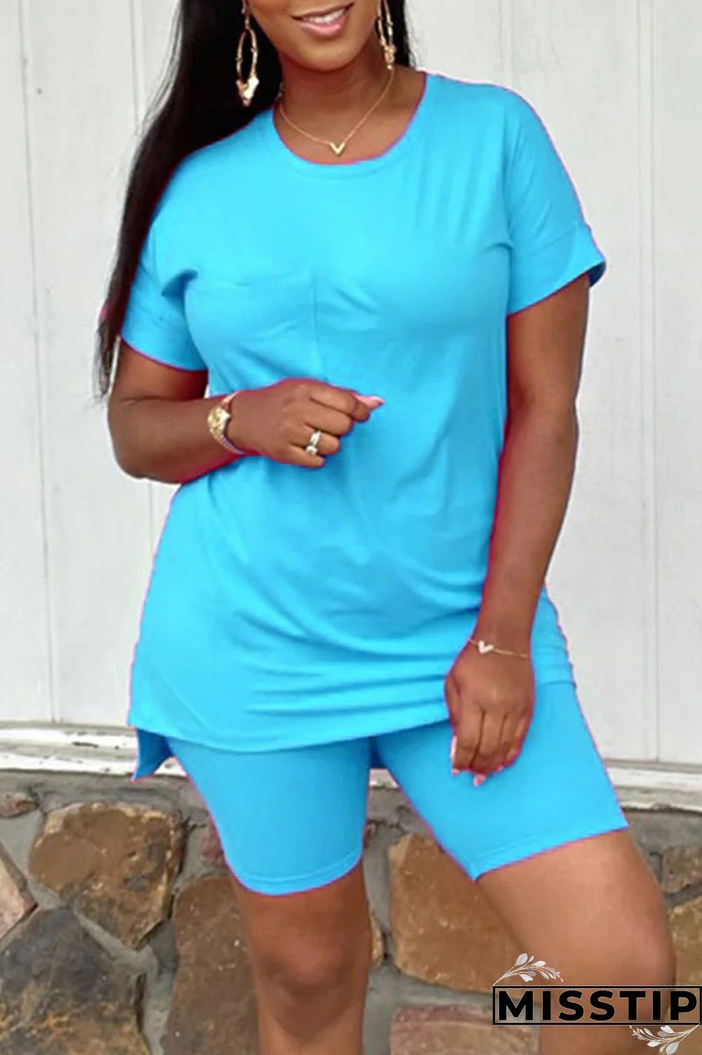 Green Casual Solid Patchwork O Neck Short Sleeve Two Pieces