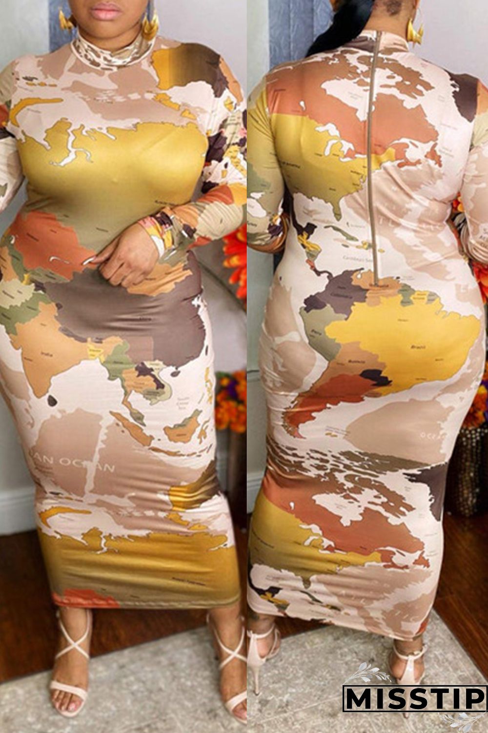 Multicolor Fashion Casual Print Basic O Neck Long Sleeve Plus Size Dresses