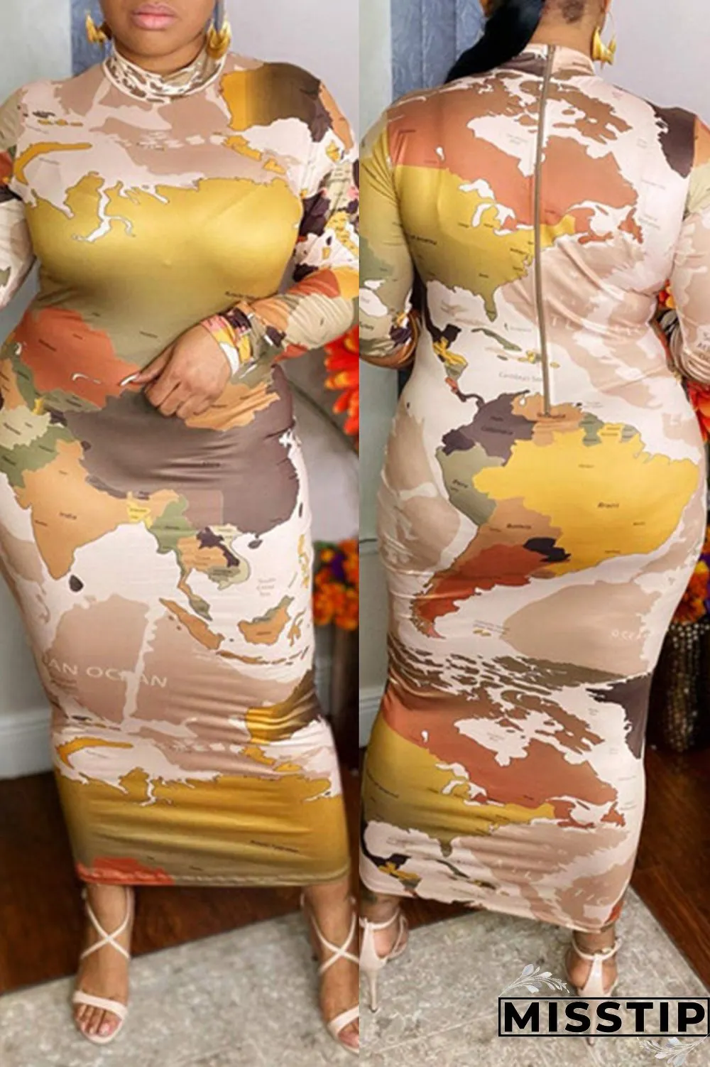 Multicolor Fashion Casual Print Basic O Neck Long Sleeve Plus Size Dresses