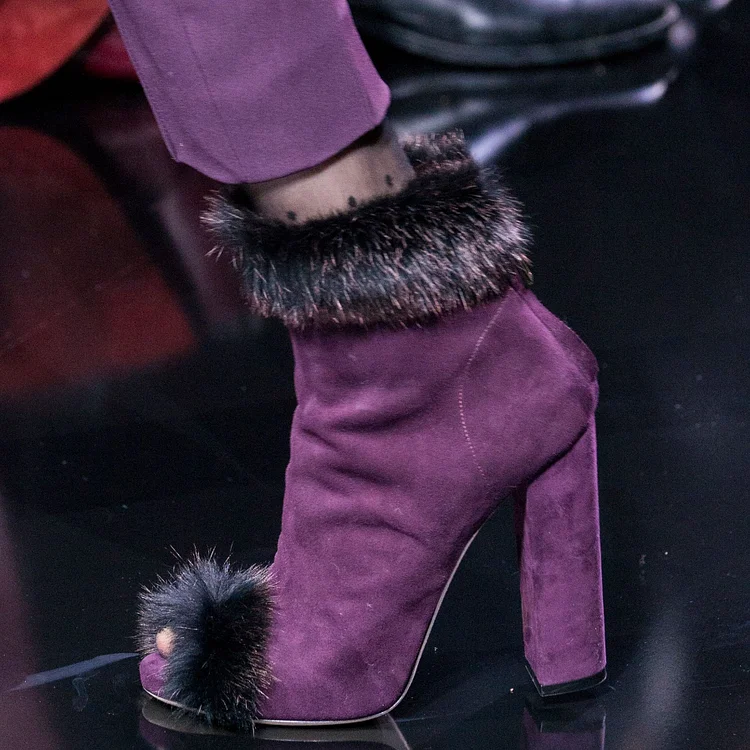 Purple Vegan Suede Chunky Heel Boots Peep Toe Furry Ankle Boots |FSJ Shoes