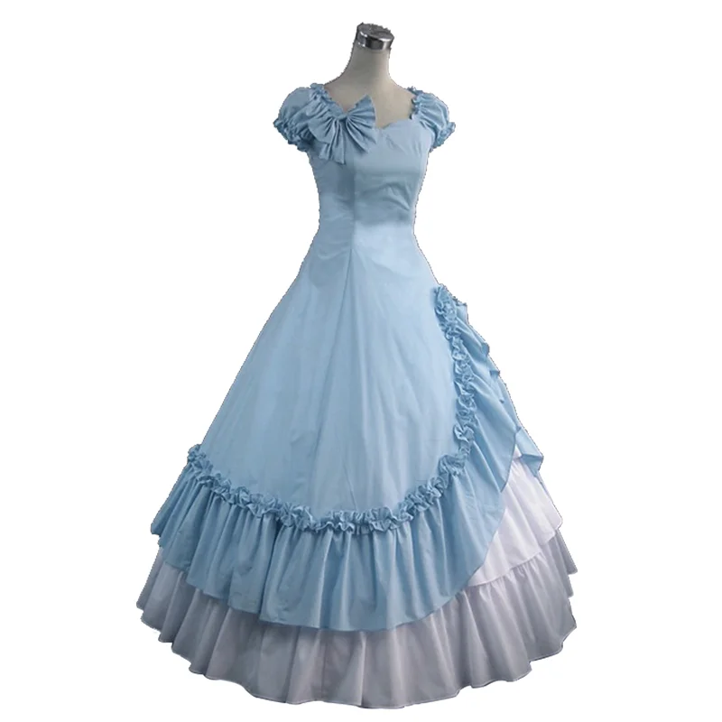Victorian Dress Light Sky Blue Cotton Short Sleeve Retro Dress Novameme