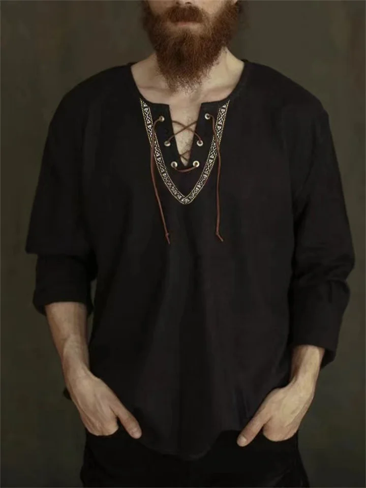 Men's Solid Color Loose Drawstring Long-sleeved Casual Shirt Khaki Black-Cosfine
