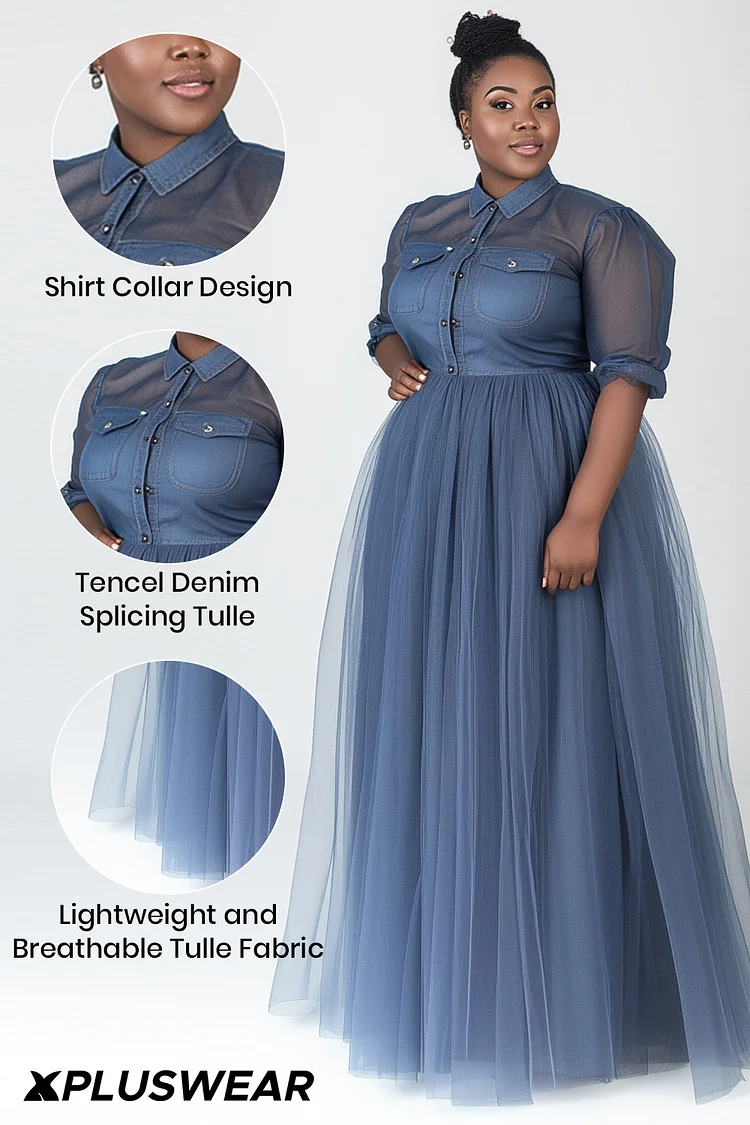 Xpluswear Design Plus Size Semi Formal Blue Shirt Collar Short Sleeve See Through Contrast Tulle Tencel Denim Maxi Dresses [Pre-Order]