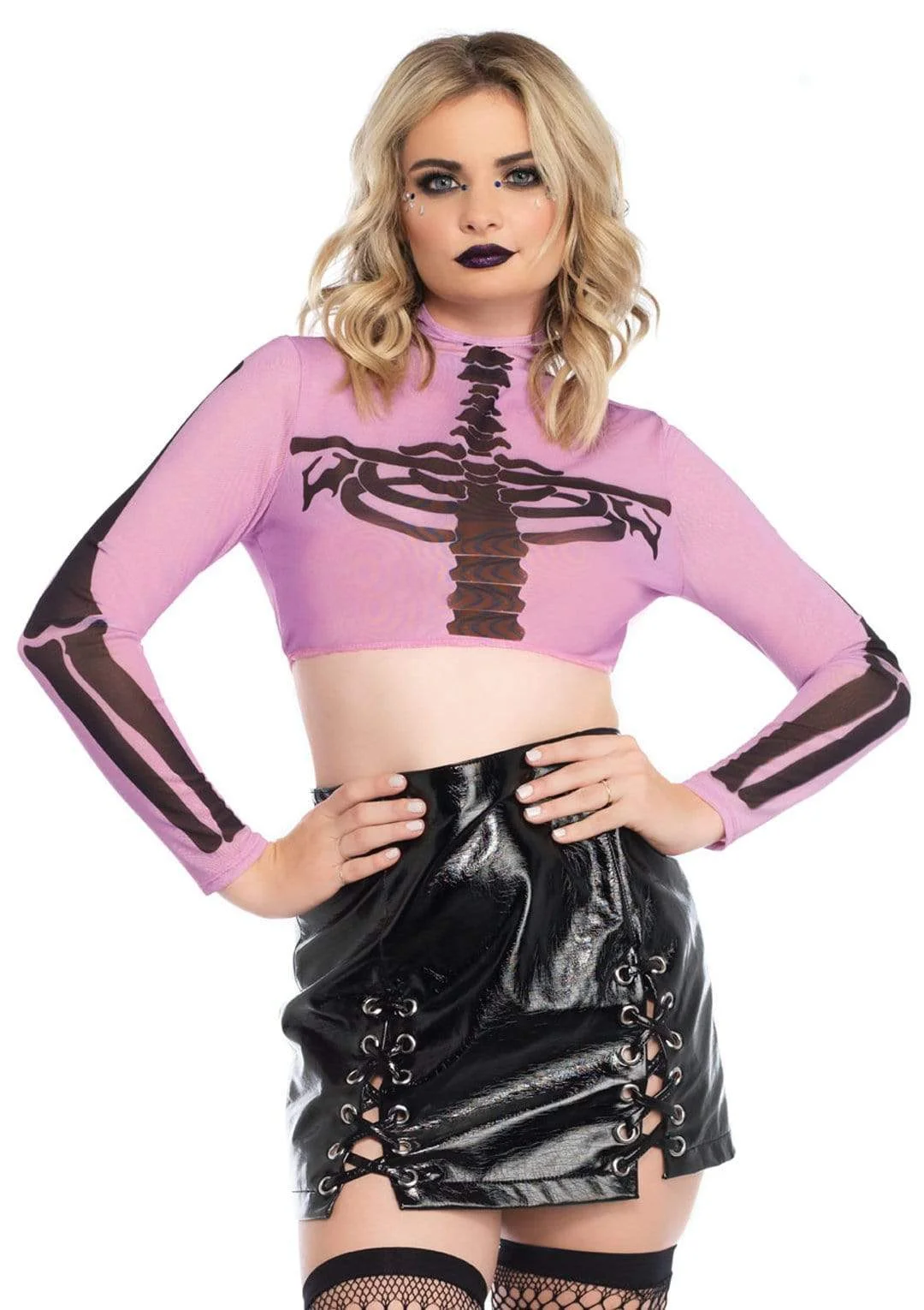 Skeleton High Neck Long Sleeve Mesh Crop Top