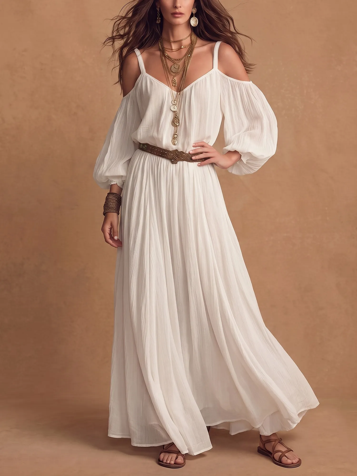 Western-style dress &ndash; elegant deep V-neck, pleated lace fabric, Maxi Dresses