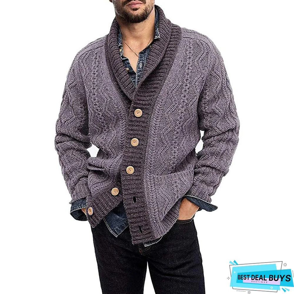 Men's Cardigan Color Blocking Long Sleeve Lapel Knit
