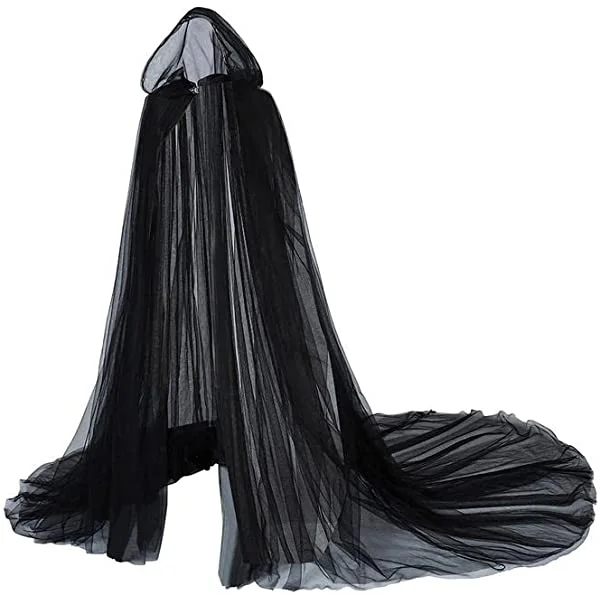 Haunted Hooded Cloak Halloween Ghost Costume Vampire Cape Black Tulle Bride Cloak