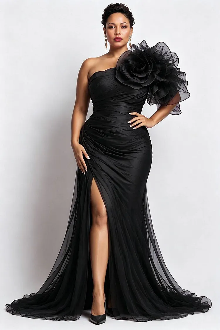 Xpluswear Design Plus Size Formal Black Oblique Collar One Shoulder Short Sleeve 3D Split Chiffon Maxi Dresses [Pre-Order] 2024 - Xpluswear