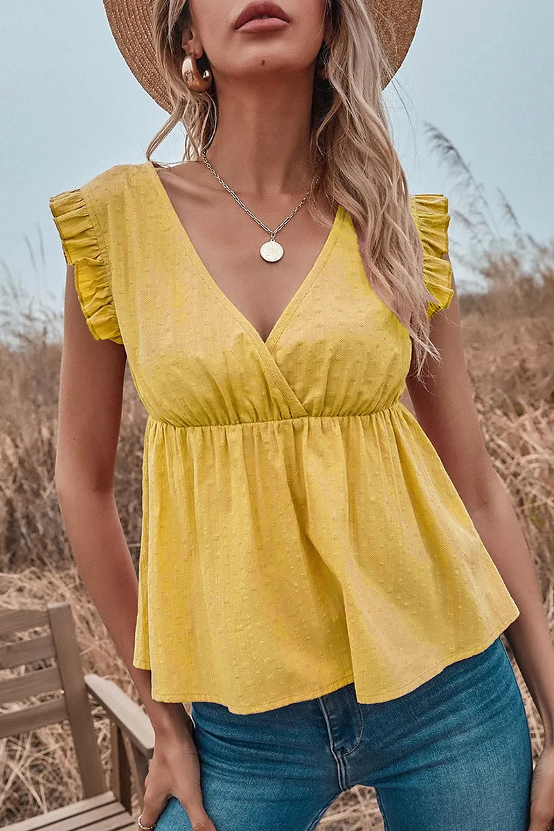 Elegant Solid Stringy Selvedge V Neck Tops