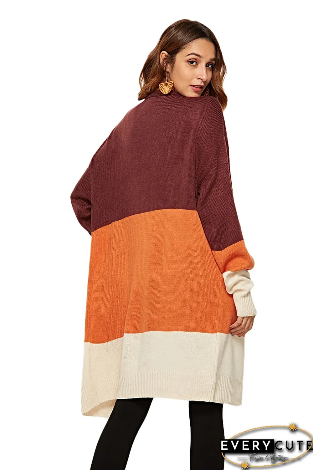 Khaki Orange Coffee Colorblock Open Front Long Cardigans