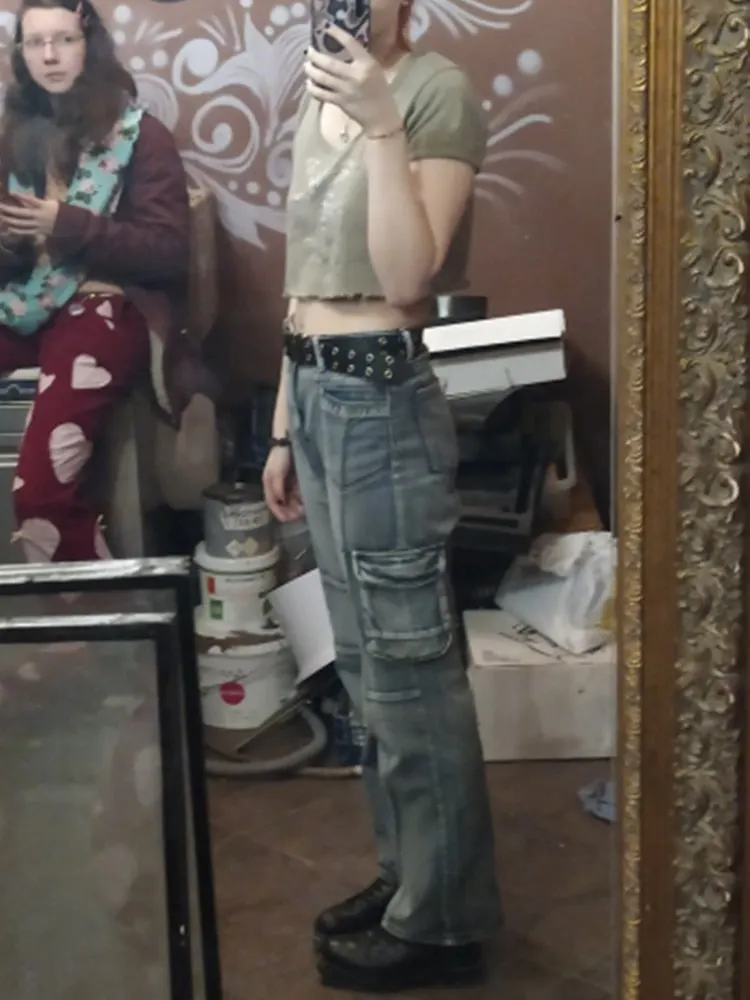 Rapcopter Vintage Jeans High Waisted Pockets Trousers Baggy Casual Fashion Denim Cargo Pants Women Straight Hot Korean Jeans 90s