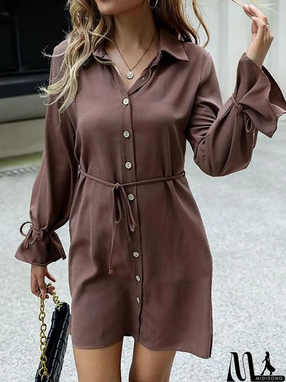MidiSono - Women's Solid Color Lapel With Lace-Up Long-Sleeve Shirt Midi Dress