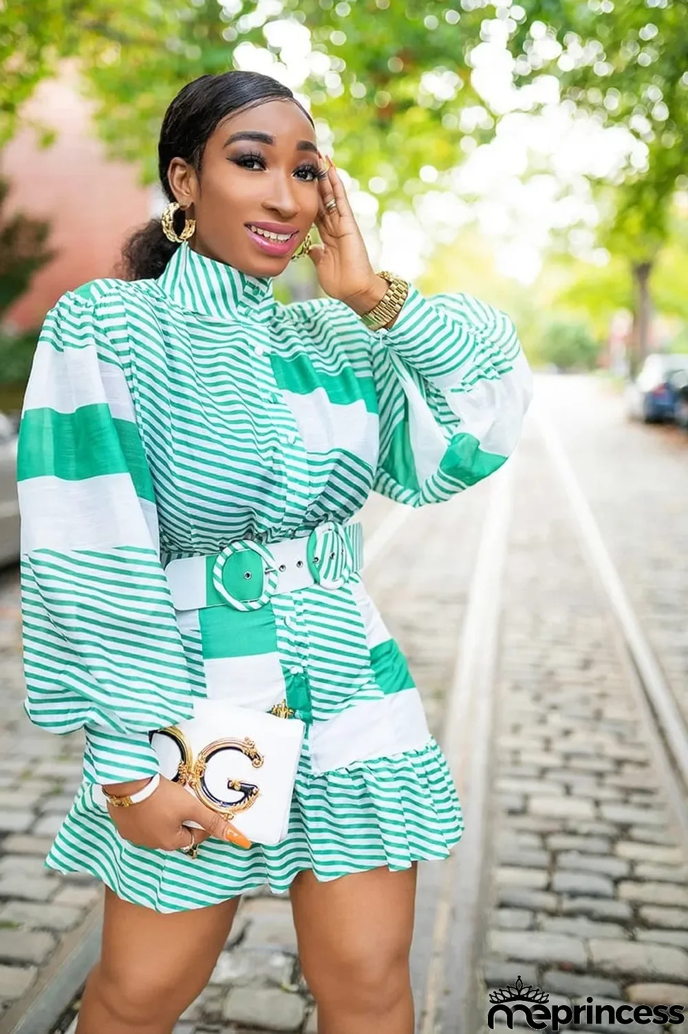 Fall Casual Puff Long Sleeve Striped Patchwork Plus Size African Dress