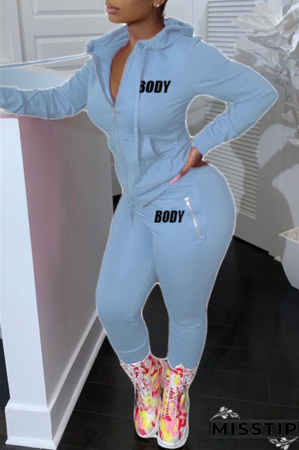 Army Green Fashion Casual Letter Print Solid Color Hooded Collar Long Sleeve Two Pieces