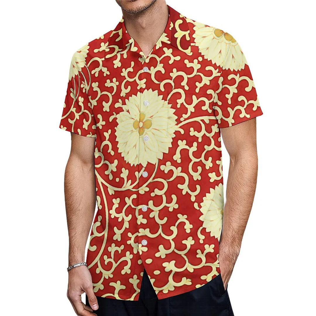 Short Sleeve Red Gold Cream Dahlia Floral Hawaiian Shirt Mens Button Down Plus Size Tropical Hawaii Beach Shirts