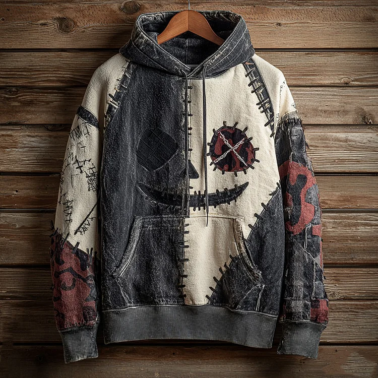 Halloween Skull Face Pattern Stitched Washed Men's Hoodie