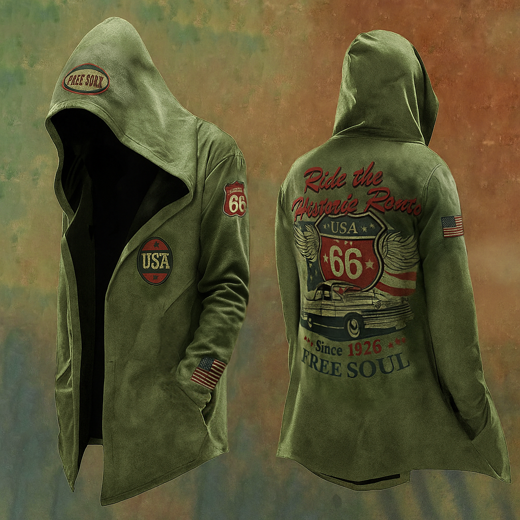 Men's American Retro Route 66 Ride Design Streetwear Hooded Jacket / Rvogue / Rvogue