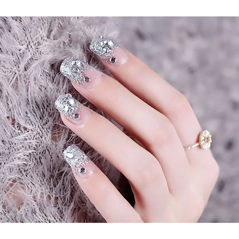 Wedding Beauty Fake Nails DIY Glitter Acrylic Full Cover Nail Art Tips with Glue Girls Shining Rhinestones Fashion False Nail-Nail Inspo