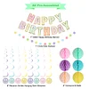 Birthday Decorations, NO DIY, Pre-Strung Happy Birthday Banner with Honeycomb Balls, Hanging Swirls, Circle Dots Garland, Happy Birthday Party Decorations for Women Men Boys Girls (Pastel)