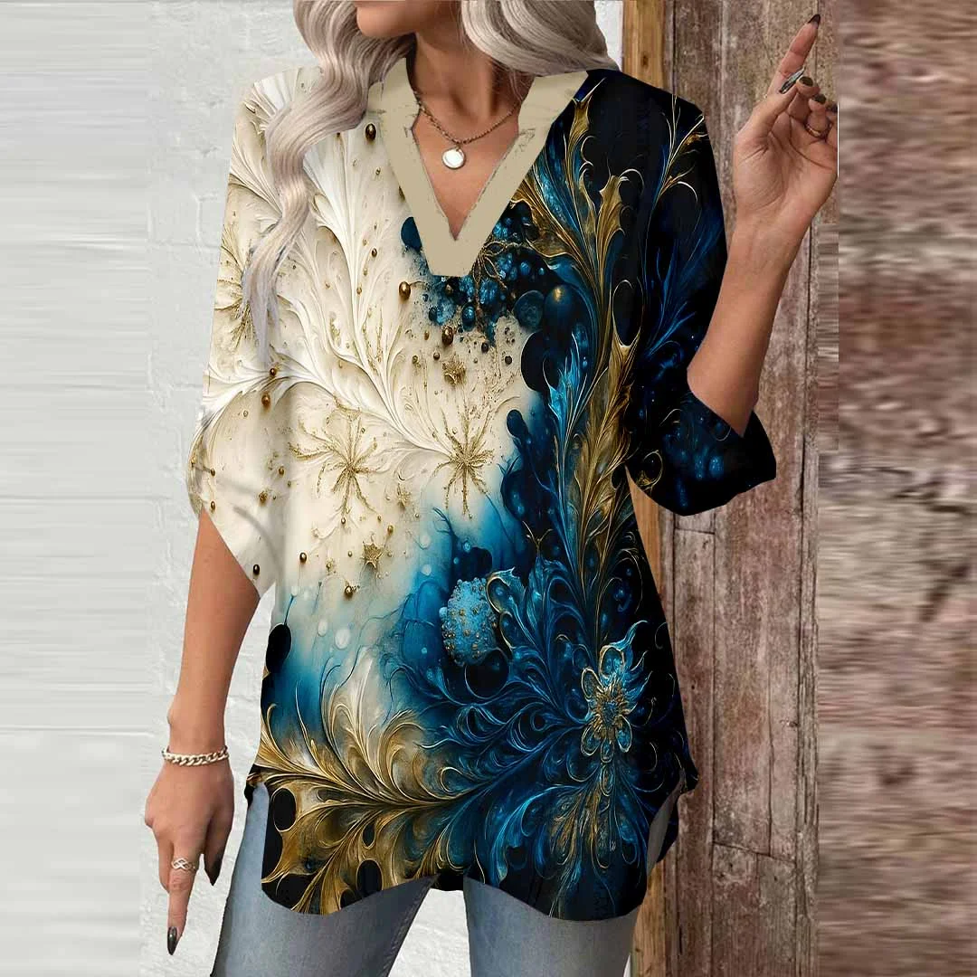 Women Floral,Shiny,Green DZGA0685 3/4 Sleeve V-neck Printed Graphic Button Tops