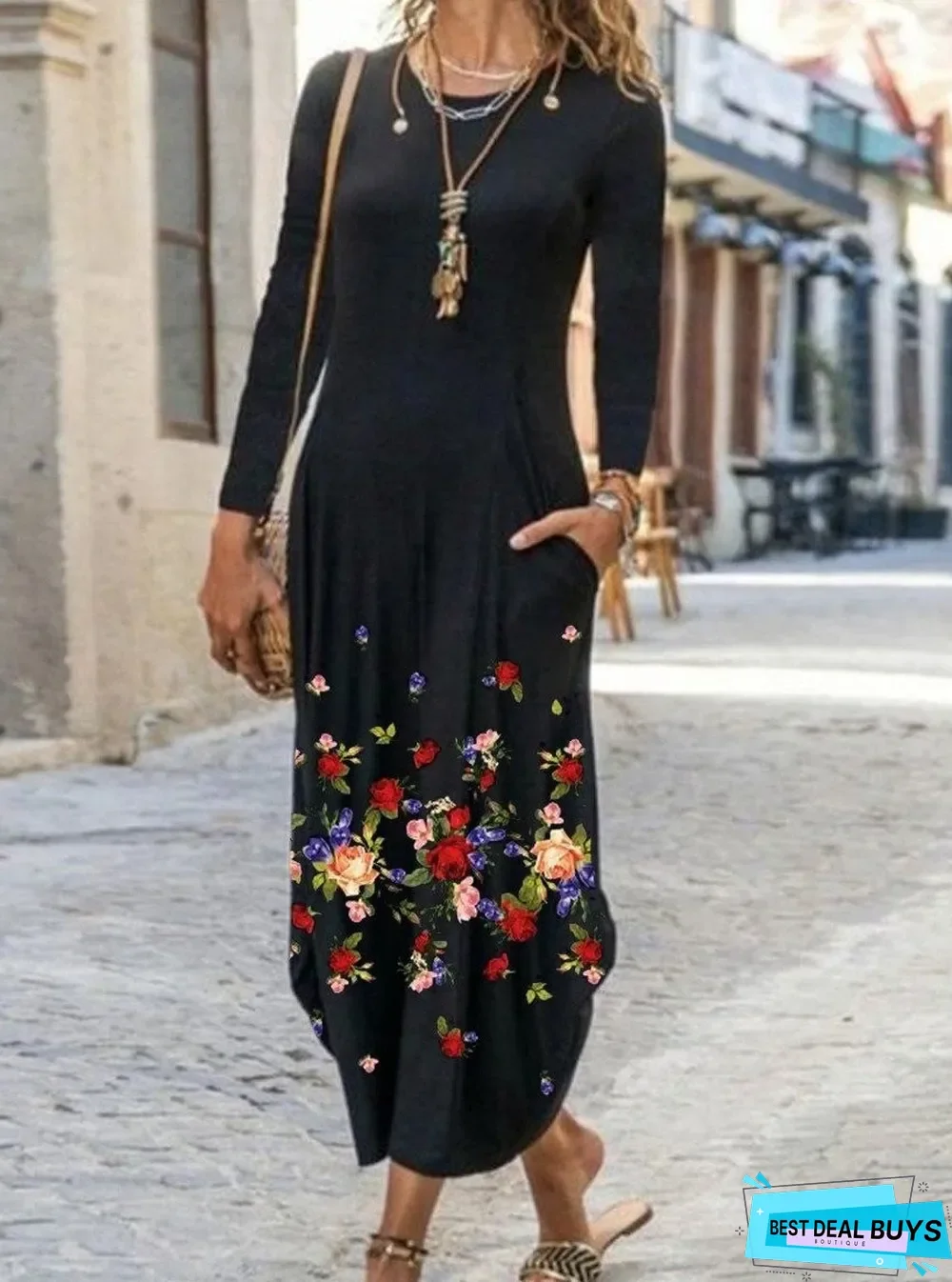 Ladies Floral Print Long Sleeve Maxi Dress Black Dresses