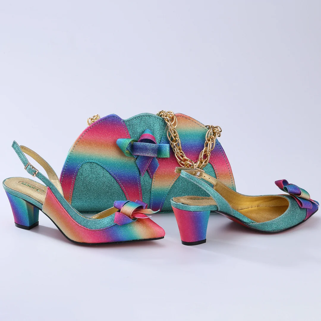 QSGFC  2022 New Arrival Fashion Rose Gold Elegant Party Wedding Ladies Shoes and Bag Set in Synthetic Flash Material
