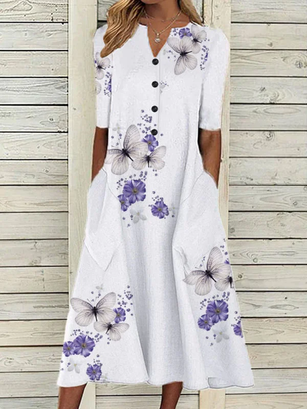 Floral Butterfly Print Long Sleeve Casual Long Dress