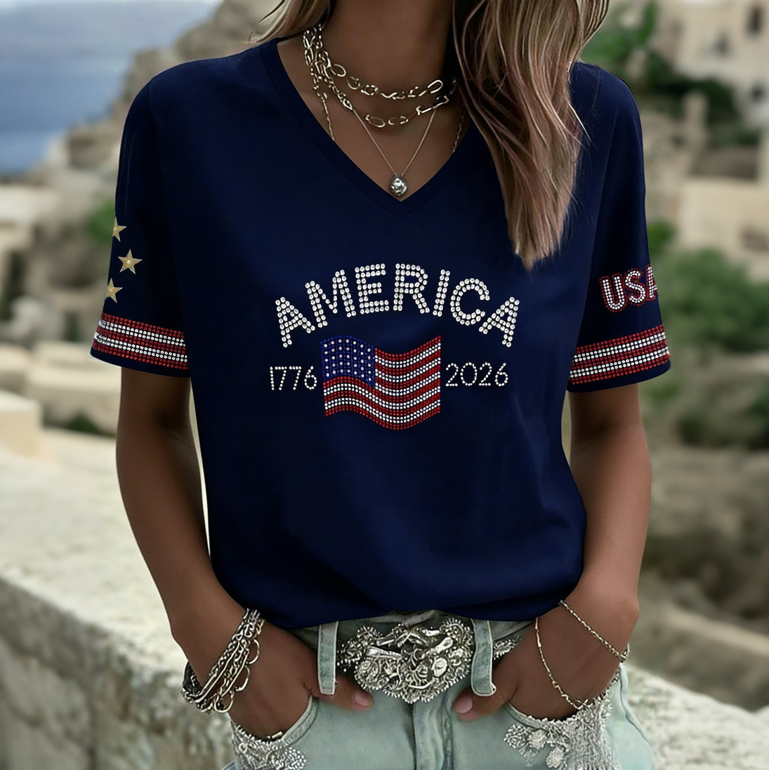  Women's Vintage Flag Art Print Tshirt Westsshops