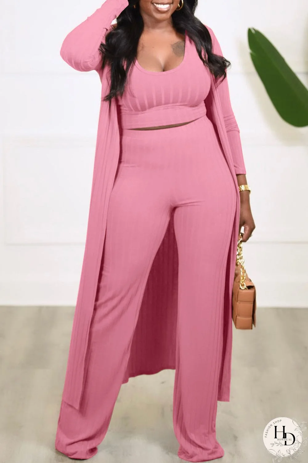 Pink Casual Solid Patchwork U Neck Long Sleeve Three-piece Set