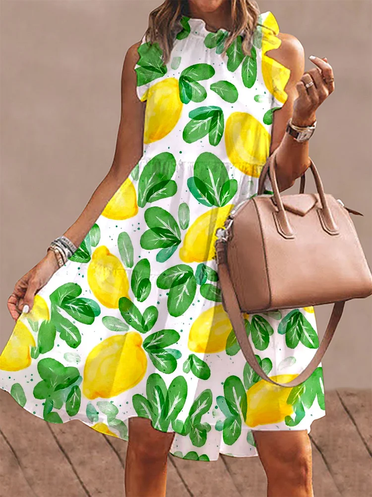 Women's Lemon Patchwork Print Sleeveless Dress socialshop